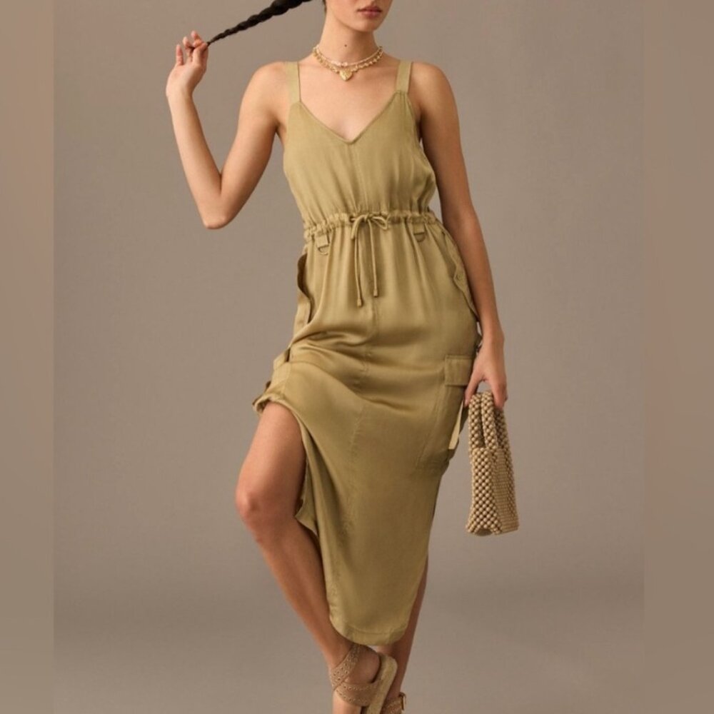 Anthropologie Love the Label Green Satin Utility Jumper Dress (XS)